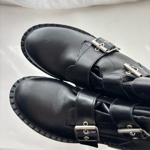 STEVE MADDEN Arlette Triple Buckle Boot In Black Leather Size 9 Moto Combat - Picture 5 of 8